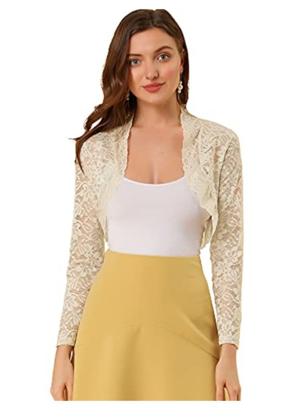 Floral Lace Sheer Crop Shrug Cardigan Long Sleeve Open Front Scalloped